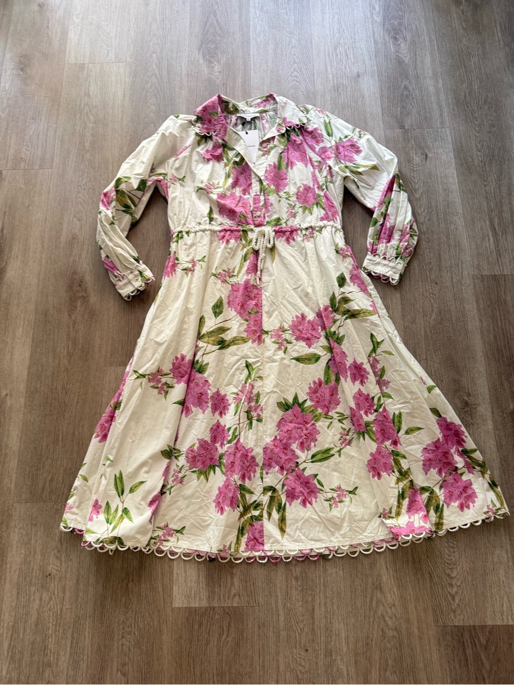 en saison esther pink & white floral long sleeve button front midi dress small - Picture 5 of 9
